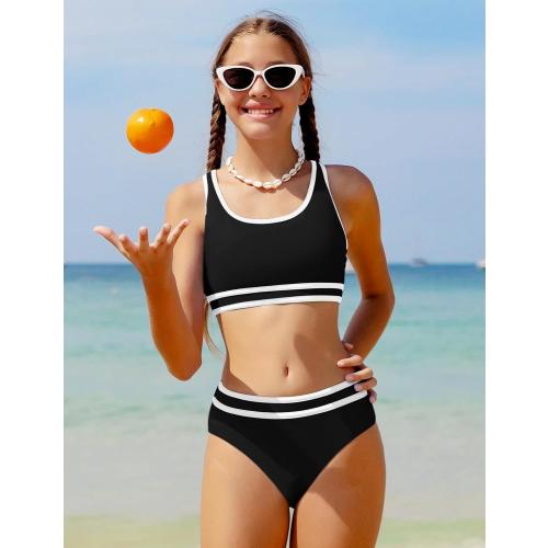 Size S Girls Swimsuit Double Strap High Waist Sporty Bikini Swimsuits Swim Cover Up Skirt 3 Piece Set