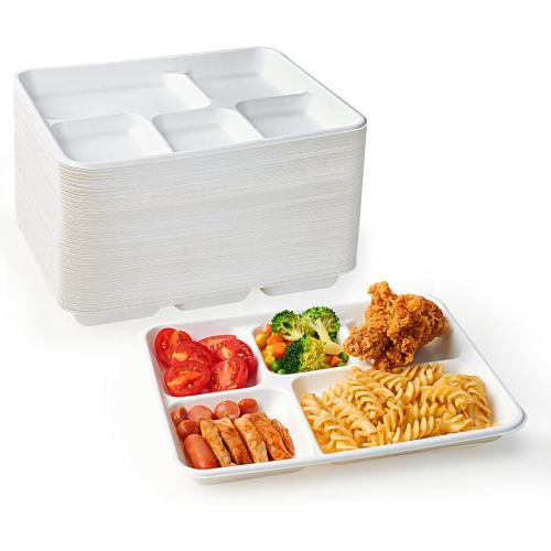 ECOLipak 100% Compostable 5 Compartment Plates, 125 Pack Disposable Paper Plates, Heavy-Duty Biodegradable Sugarcane Plates, Eco-Friendly School Lunch Trays