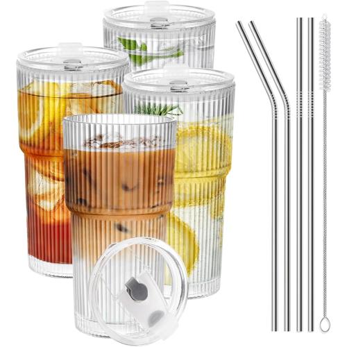 Iced Coffee Cups with Lids and Straws, 20 OZ Glass Tumbler with Straw and Lid, Clear Ribbed Glass Cups Reusable to Go Coffee Tumbler for Matcha, Smoothie, Cocktail,Latte, 4 Pcs MISSING ACCESSORIES