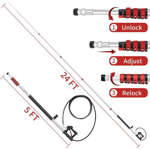 24 FT Gutter Cleaning Tools from The Ground - Telescoping Pressure Washer Wand - Gutter Cleaner Attachment with Power Washer Extension Wands, Brush, 7 Spray Nozzle Tips, 3 Hose Adapters, Support Belt