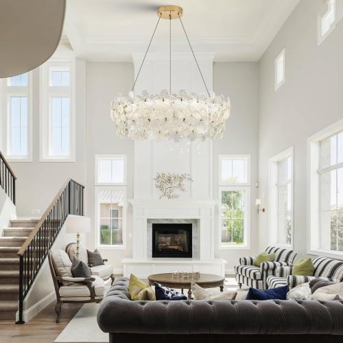 D32’’ Flower Luxury Crystal Modern LED Chandelier Gold Dimmable 3000-6500K Large Contemporary Chandeliers Light with Remote Control for High Ceiling Foyer Living Room Bedroom Entryway