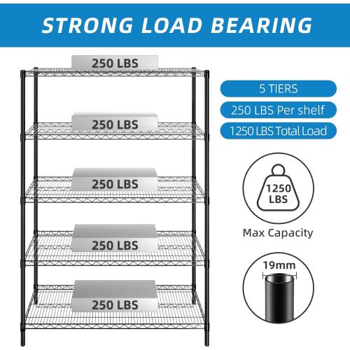 Guan River 5-Shelf Adjustable Metal Shelf Wire Shelving Unit Heavy Duty Storage Rack Display Shelf for Office,Kitchen,Bedroom,Bathroom,Laundry,Pantry Basement,Garage(Black,48 L x 18 W x 72 H)