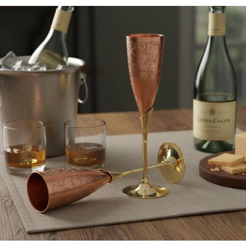 StonKraft Engraved Brass Goblets Champagne Glasses Flutes Coupes Wine Glass Set (Slender Copper)