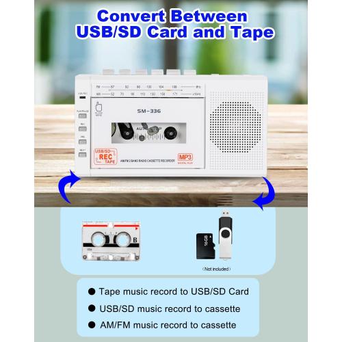 Portable Cassette Tape Player to Digital Converter via USB/SD Card, Record to Cassette/U Disk/SD Card via Mic, Power by AC or AA Battery, Portable Cassette Recorder with Speaker and Headphone Jack