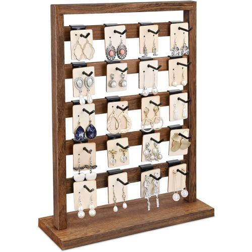 Ikee Design 5 Tiers Wooden Jewelry Display Rack with 20 Removable Metal Hooks,Earring Card Display Stand,Jewelry Organizer,Bracelet Organizer,Keychain Stand,Brown Color