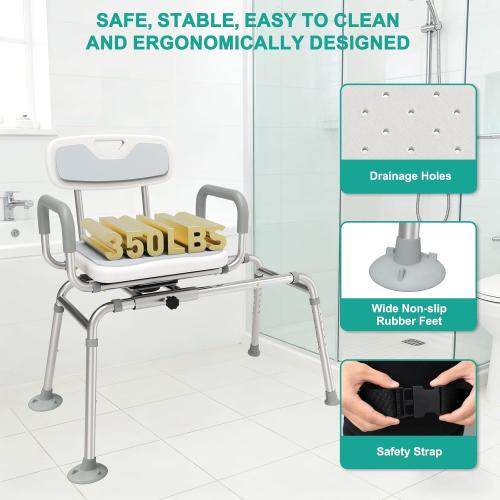 UNILEAF Tub Transfer Bench with Swivel Seat, 350 lb Sliding Shower Chair | Adjustable Height,360° Swivel Seat,Suction Cup Feet,Safety Strap for Seniors,Adulto Mayor Obese,FSA/HSA Eligible