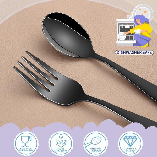 DEHOV Black Toddler Eating Utensils Set,Set Of 12 Food Grade Stainless Steel Silverware Sets For Kids,Dishwasher Safe Children Small Metal Spoons And Forks Flatware Sets