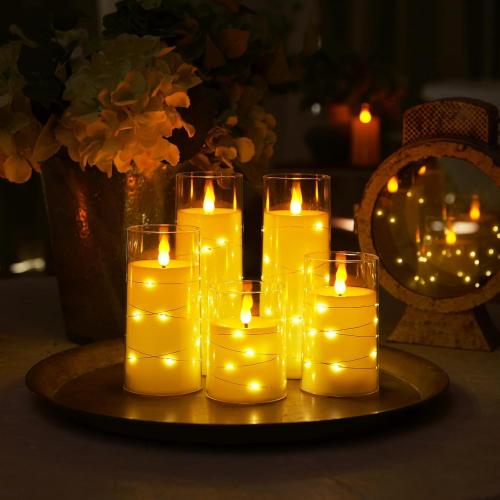 Homemory Pure White Flameless Candles with Embedded Star String Fairy Lights, Battery Operated Candle, LED Candles, Fake Candles with Remote Control and Timer, Set of 5(H4 5 6 8 8)