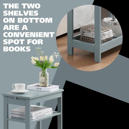 Kings Brand Furniture - Slim Wood Side End Table with Storage Shelves & Pull-Out Tray, Nightstand for Bedroom, Living Room, Ice Blue