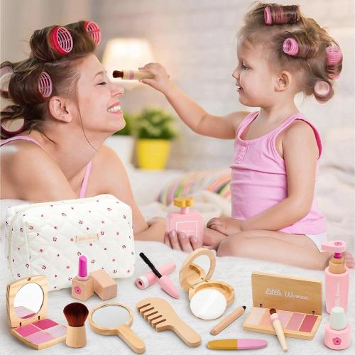 Lonico Wooden Makeup Toy Set for Girls Pretend Play Makeup Kit for Toddlers 3-5 with Eyeshadow/ Mascara/ Perfume/ Blush/ Mirror/ Bag, Birthday Gifts for Girls Toys Kids Aged 3 4 5 6 7 8