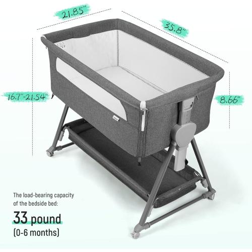 Cowiewie Bassinet Bedside Sleeper, Baby Bassinet with 7 Adjustable Height, Bedside Bassinet for Baby with Storage, Breathable Mesh & Mattress, Portable Bassinet Easy Folding (Pyramid Dark Gray)