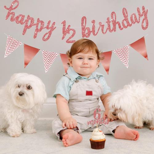 Skylety 1/2 Half Birthday Decorations 6 Months Outfit Baby Boy Banner Cupcake Topper Triangle Flag Banner Confetti Balloons Cake Topper for Girl Boy Baby Shower(Rose Gold)