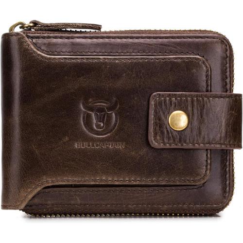 BULLCAPTAIN Genuine Leather Wallet for Men Large Capacity ID Window Card Case with Zip Coin Pocket QB-231 (Coffee)
