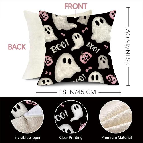 Halloween Spooky Ghost Boo Decorative Throw Pillow Covers 18 x 18 Set of 4, Black Pink Jack O Lantern Pumpkin Porch Outdoor Home Decor, Funny Spider Web Polka Dots Couch Cushion Case