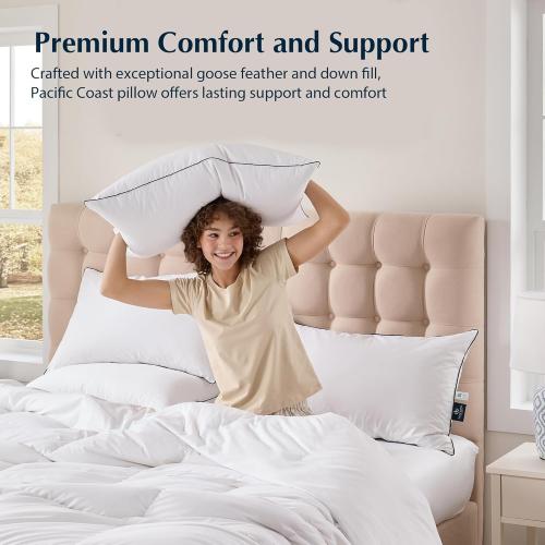 Pacific Coast Goose Feather and Down Bed Pillows Standard Size Set of 2, Hotel Pillow for Sleeping, Downproof, Soft, Fluffy, 100% Cotton Shell