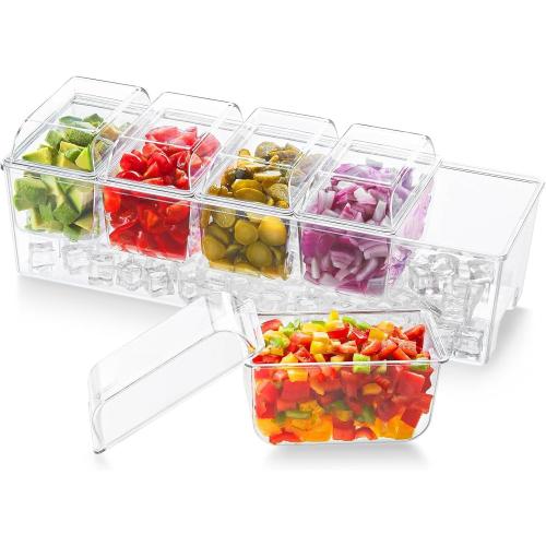 Lifewit Ice Chilled Condiment Caddy with 5x 20oz(2.5 cup) Containers, 15.3 Condiment Server with Separate Lids, Serving Tray Platter with Removable Dishes for Bar, Fruit, Salad, Taco, Party Garnish