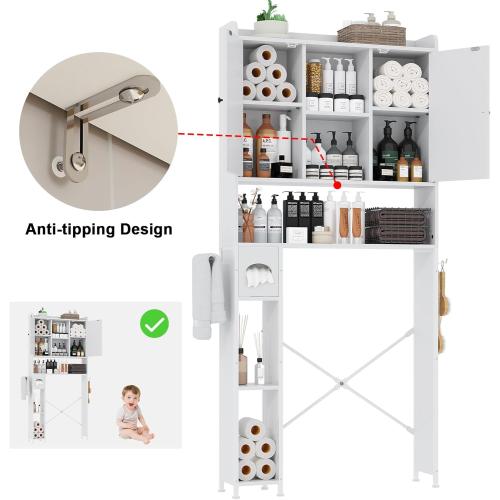 32W Over The Toilet Storage Cabinet with Metal Frame and 7 Storage Shelves, Bathroom Organizer with Adjustable Shelves and Paper Holder, Farmhouse Storage Cabinet for Bathroom, Laundry, White
