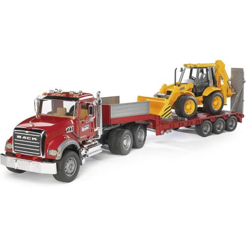 Bruder Toys 02813 Mack Granite Flatbed Truck with JCB Loader Backhoe