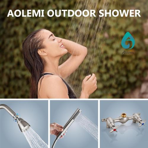 Aolemi Wall Mount Outdoor Shower Kit,Outdoor Shower Fixtures Faucet System with Handheld Spray,Double Handle 6 Inch Center Exposed Shower with Shower Head Brushed Nickel