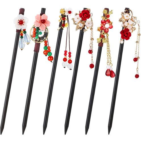 WILLBOND 6 Pcs Hair Sticks for Women Wooden Chinese Hair Chopsticks Accessories Asian Japanese Floral Stick Retro Tassel Flower Vintage Hairpins Handmade for Hairstyling Long Curly(Elegant Style)
