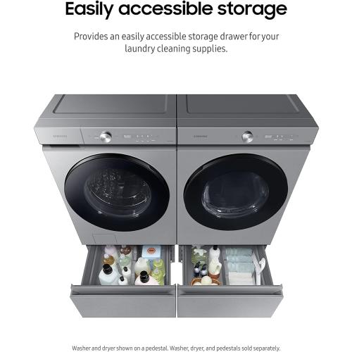 SAMSUNG 27-Inch Bespoke Front Load Washer Dryer Pedestal Stand w/ Pull Out Laundry Storage Drawer, WE502NT, Silver Steel