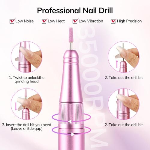 Pink Lavinda Nail Drill 35000 RPM, Cordless Rechargeable Electric Nail File Machine, Professional Efile for Acrylic Nails, Gel Polish, Cuticle Removal, Home and Salon (Pink)