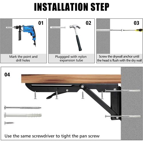 Folding Shelf Brackets - 18 inch 4 Pcs DIY Wall Mounted Shelf Brackets for Garage Workstation, Stuff Supports, Plant Stand - Heavy Duty Metal Collapsible Floating Shelf Bracket Black