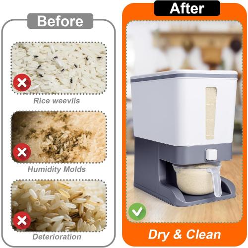 Mity rain Rice Dispenser 20 Lbs with Moisture Absorbing Clay | Rice Storage Container with Measuring Cup, 12 L Cereal Containers Storage Airtight for Kitchen Pantry Organization