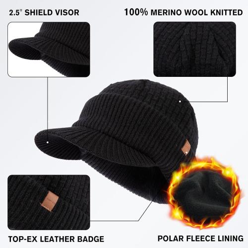 TOP-EX PolarWool™ 100% Merino Wool Winter Hat for Men Fleece Lined Visor Beanie with Brim Outdoor Knit Cap for Cold Weather