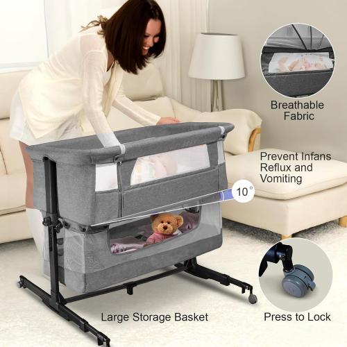 Baby Bassinet, 3 in 1 Bedside Sleeper with Mattress and Mesh Sides, Mosquito Net, Storage Basket, with Rocking Function, 5-Height Adjustable, Easy Assemble Crib for Newborn, Gray