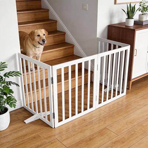 ZJSF Freestanding Indoor Dog Gate for House Foldable Wood White Puppy Gate for Doorways Pet Gate for Stairs Extra Wide Pet Fence 24 Height 3 Panels