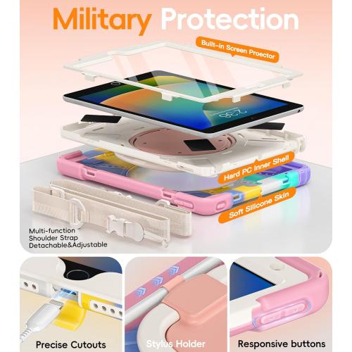 BATYUE for iPad 9th/ 8th/ 7th Generation Case (iPad 10.2 inch Rugged Case 2021/2020/2019) with Screen Protector, Rotating Stand/Pencil Holder/Carrying Shoulder Strap (Colourful Pink)