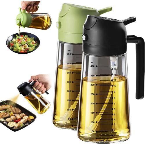 TrendPlain 16oz/470ml Glass Olive Oil Sprayer for Cooking – 2 in 1 Olive Oil Dispenser Bottle for Kitchen Gadgets and Air Fryer Accessories, Salad, BBQ - Black & Green