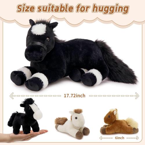 Tezituor 4Pcs Horse Stuffed Animal with Babies, 18 inch Large Mommy Stuffed Horse with 3 Baby Pony Plush, Realistic Black Pony Plush Pillow for Boys Girls Birthday Easter Decor