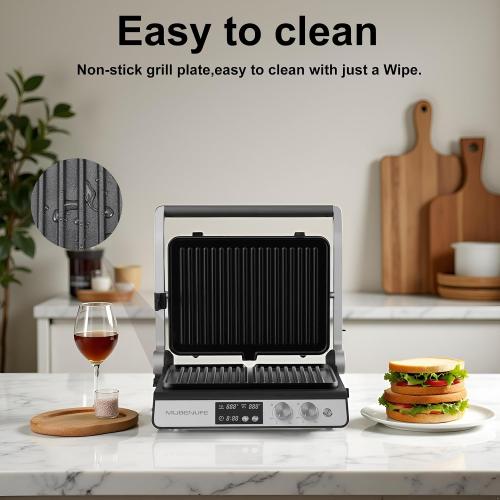 Panini Press,4 Slices Contact Grill with Removable Non-Stick Coated Grill and Flat Plates,Panini Makers with Temperature Control and Timer,Open 180 Degrees,Grill and Griddle (Half black with digital)