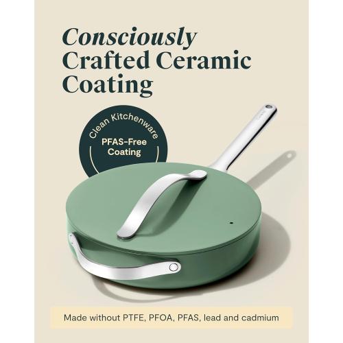 Caraway Nonstick Ceramic Sauté Pan with Lid (4.5 qt, 12) - Non Toxic, PTFE & PFOA Free - Oven Safe & Compatible with All Stovetops (Gas, Electric & Induction) - Cream