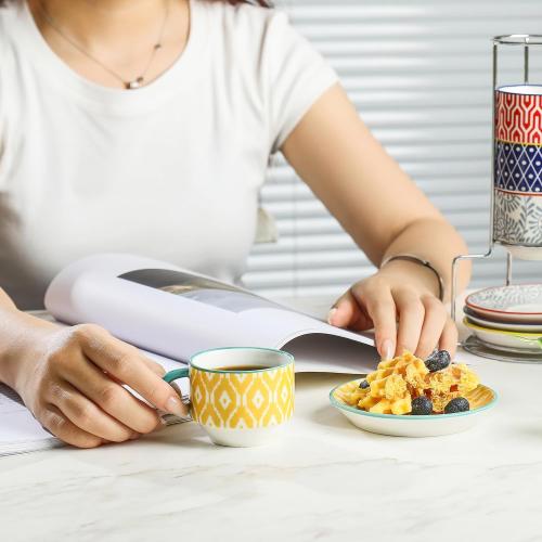 Selamica Ceramic Espresso Cups with Saucers and Metal Stand, 2.5 OZ Stackable Demitasse Cups for Espresso Latte Café Mocha Tea, Set of 4, Assorted Colors