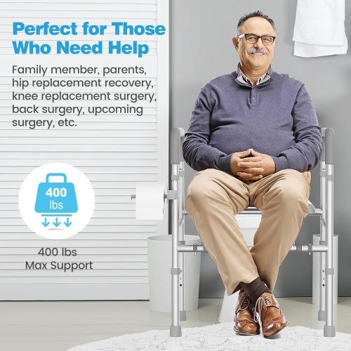 Raised Toilet Seat with Handles, HSA 400LB Adjustable Width and Height Elevated Toilet Seat Riser for Seniors with Cozy Padded Armrests Handles Paper Holder Bedside Commode for Elderly, Silver