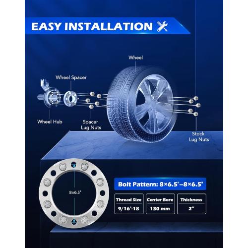 Orion Motor Tech 8x6.5 Wheel Spacers, 2 Inch Wheel Adapters with Studs Compatible with 1994-2011 Dodge Ram 2500 3500 1988-1998 Ford F250 F350, 8x165.1 Wheel Spacer Kit with 130 mm Hub Bore, Set of 4