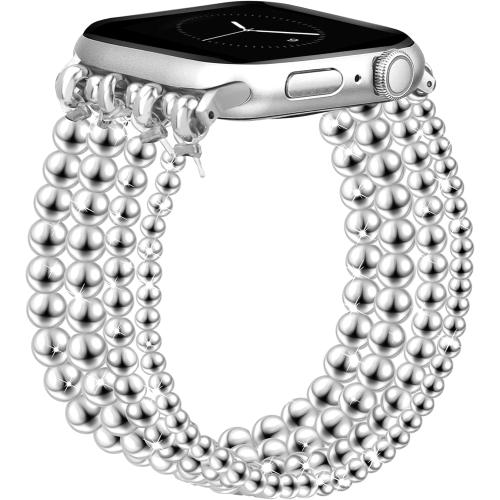 JR.DM Silver Beaded Bracelet Bands Women Compatible with Apple Watch 40mm 42mm(S10/11) 41mm 38mm Dressy Fancy Stretchy Elastic Jewelry Strap Replacement for iWatch Series 11/10/9/8/7/6/5/4/3/2/1/SE