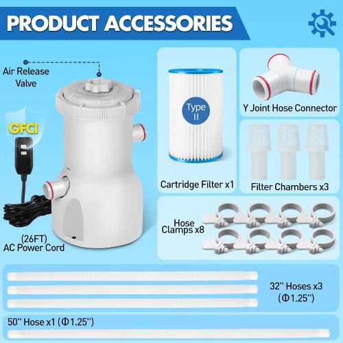 Standard Series Above Ground Pool Filter Pump - 800 GPH Flow Rate | Rapid Circulation & Micro-Debris Filtration, Pool Cartridge Filter Pump System - Keep Water Crystal Clean & Clear - Grey