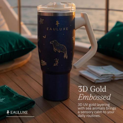 DriftFlow 40 oz Tumbler – 180° Rotating Handle & Rotating Straw Lid, Double-Wall 18/8 Stainless Steel, Leak-Proof, Keeps Drinks Hot 13h/Cold 25h – Midnight Blue with 3D Gold Embossing