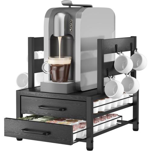 K Cup Holder Drawer - K Cup Storage Organizer, Coffee Pod Drawer with Hooks, Durable Iron-Wood Design, Space-Saving Coffee Station Organizer for Kitchen Counter