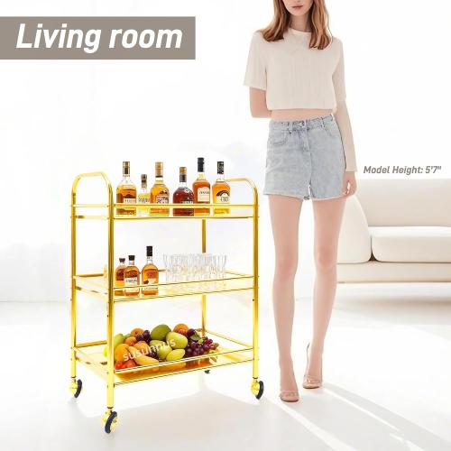 susunnus Bar Cart with Wheels,Stainless Steel Cart with Wheels 3 Tier,Metal Rolling Cart,Four-Dimensional Guardrail Design,Gold Finish,Movable,Suitable for Various Occasions,Dinner Party,Living Room