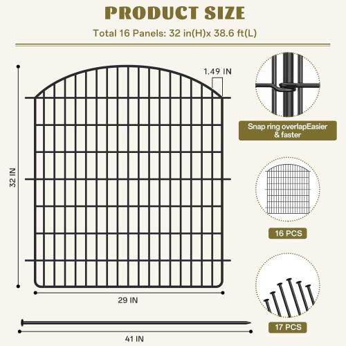 16 Panels No Dig Garden Fence with Gate, 32in x 38.6ft Decorative Dog Fence Outdoor for Yard, Tall Animal Barrier Fencing Rustproof Metal Garden Edging Border, Temporary Fencing for Outdoor, Patio