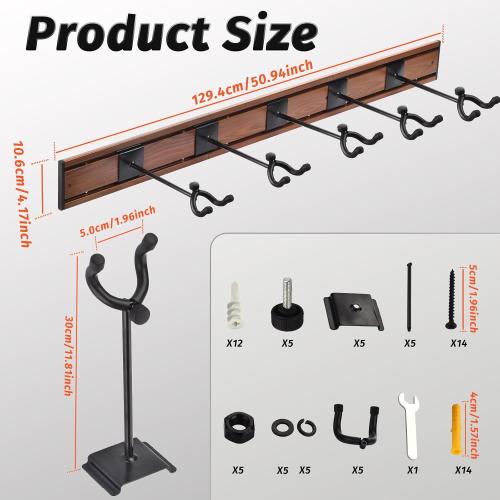 MOREYES Guitar Wall Mount - Holds Multiple Guitars, 5 Rotatable Hooks - Suits Acoustic, Electric, Bass - Alloy Steel, Rosewood
