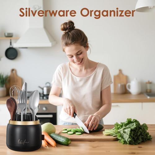 EXIN DECHEN 360° Rotation Silverware Organizer for Kitchen Counter,Utensil Holder Caddy Silverware Caddy Holder for Party,Spoon and Fork Organizer,7 Slots and Intermediate Drainage Device with Cover