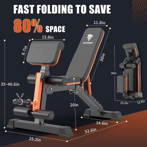 Black and Orange Adjustable Weight Bench - 1000LBS Heavy Duty Foldable Workout Bench Press with Leg Extension and Preacher Pad, Flat/Incline/Decline, Sit Up Bench for Full Body Strength Training at Home Gym