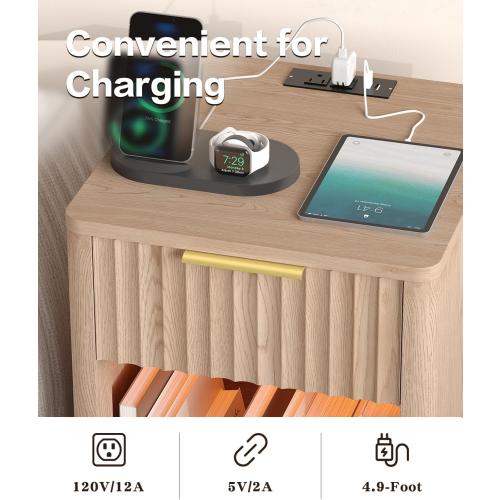 Akxomel Fluted Nightstands Set of 2, Wooden Night Stand with Charging Station and LED Light, Modern Mid Century Bed Side End Table with Drawer, 15 D x 15.7 W x 22.6 H, for Bedroom, Natural Oak