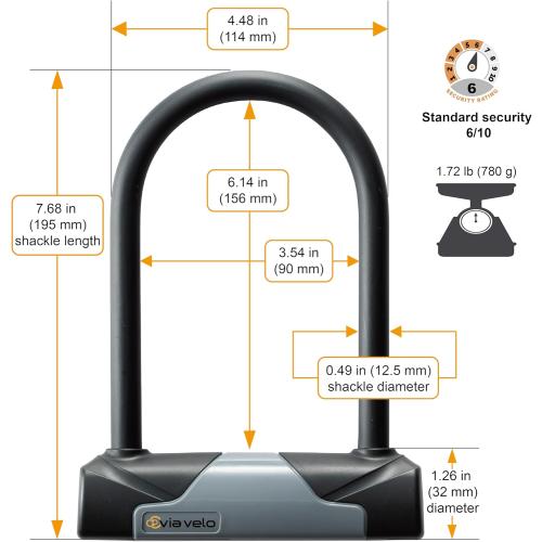 Grey and Black 4Ft Via Velo Bike U-Lock with Cable, Heavy Duty Anti-Theft Bicycle U Locks with 8mm Braided Steel and 3 Keys, 4ft Length Security Cable for Bike, Scooter Mountain Road Bike